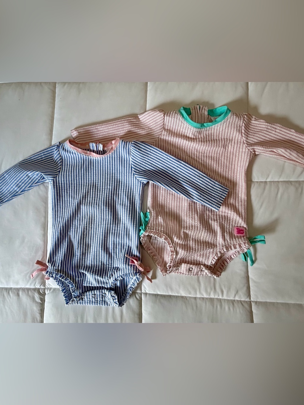 Ruffle Butts Blue & Pink Striped Long-Sleeve One-Piece Swim Suits